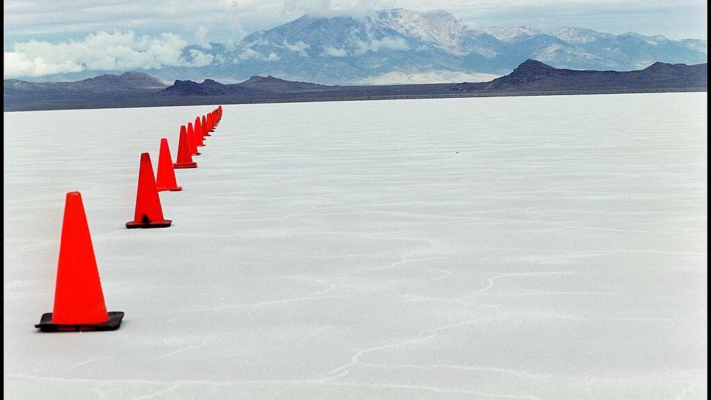 Traffic cones mark the edge of the raceway on the Bonneville Salt Flats
